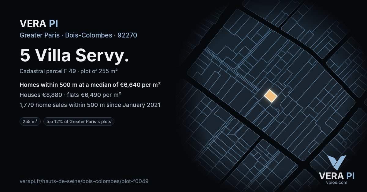 5 Villa Servy, Bois-Colombes at night – the plot lit, the parcels around coloured by the prices near them