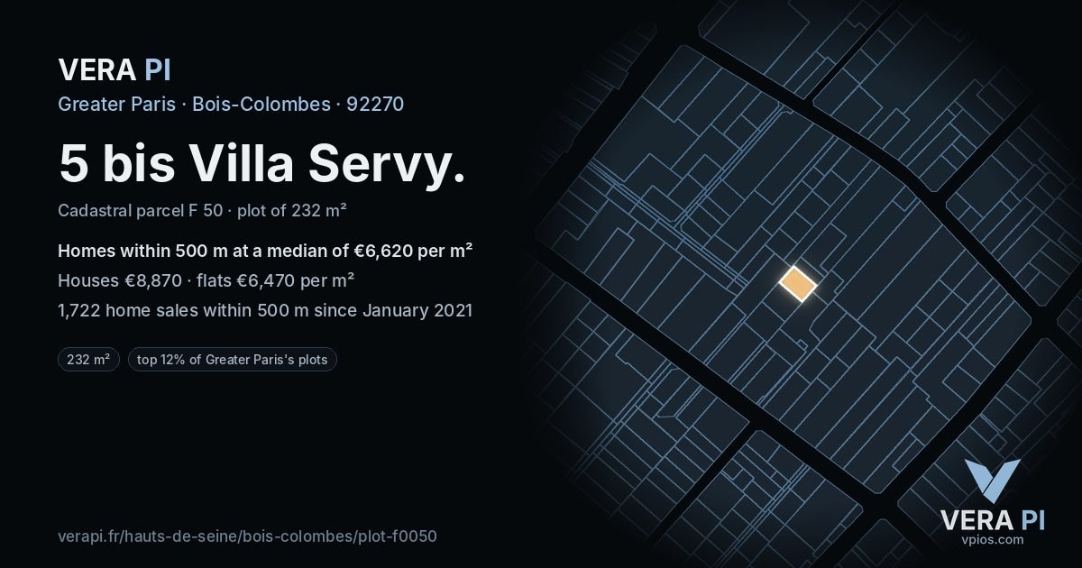 5 bis Villa Servy, Bois-Colombes at night – the plot lit, the parcels around coloured by the prices near them