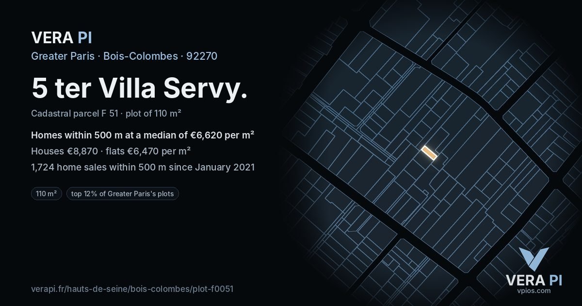 5 ter Villa Servy, Bois-Colombes at night – the plot lit, the parcels around coloured by the prices near them