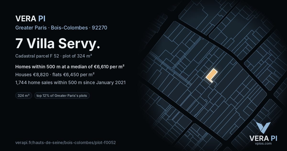 7 Villa Servy, Bois-Colombes at night – the plot lit, the parcels around coloured by the prices near them