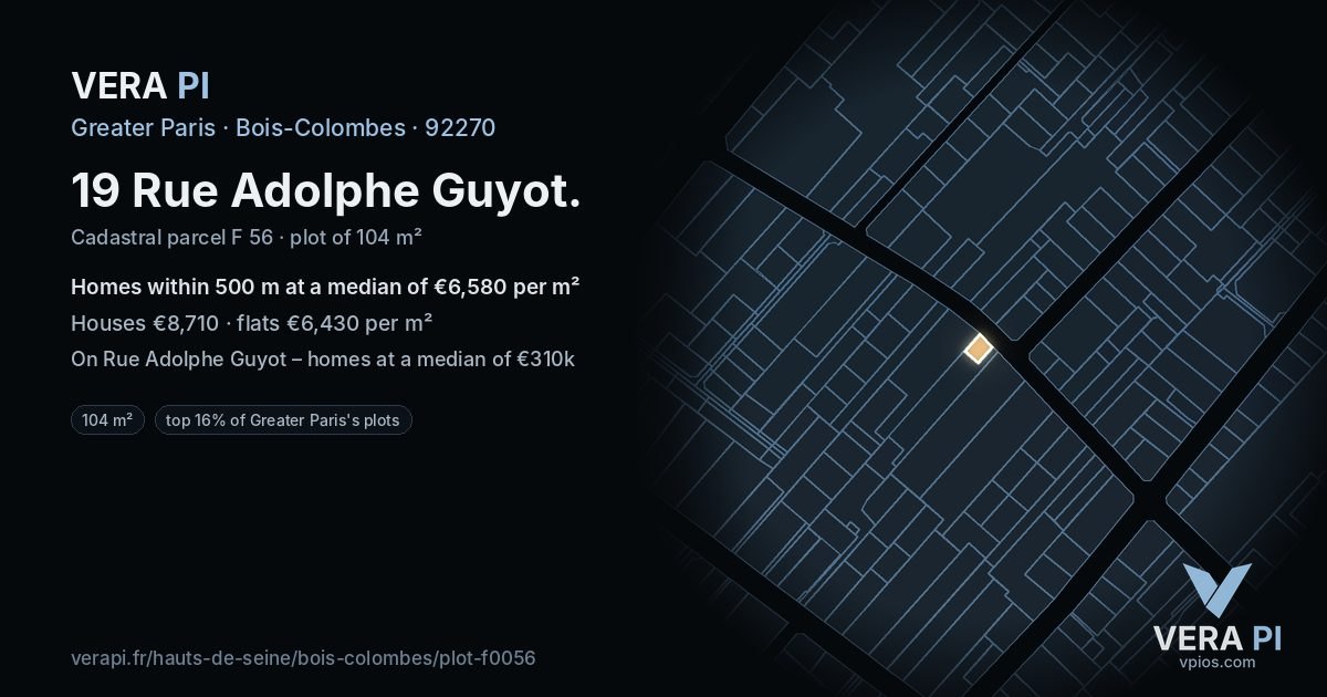 19 Rue Adolphe Guyot, Bois-Colombes at night – the plot lit, the parcels around coloured by the prices near them
