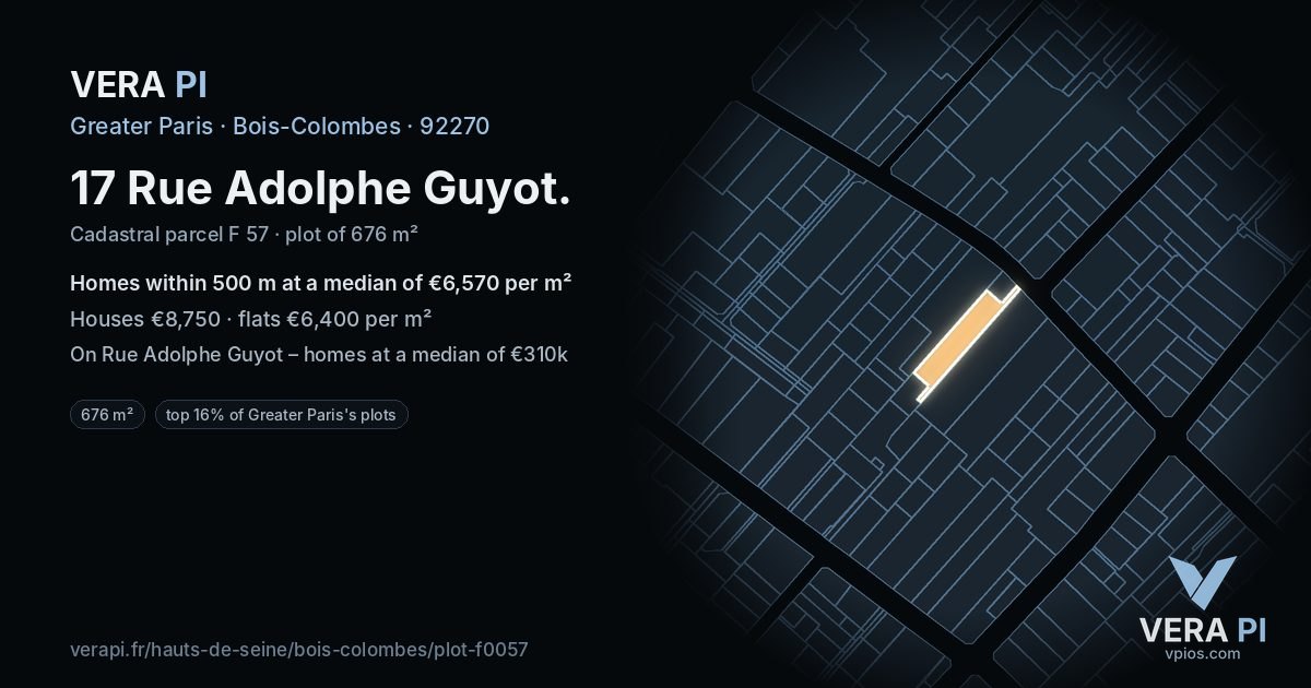 17 Rue Adolphe Guyot, Bois-Colombes at night – the plot lit, the parcels around coloured by the prices near them