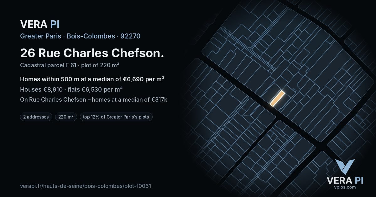 26 Rue Charles Chefson, Bois-Colombes at night – the plot lit, the parcels around coloured by the prices near them