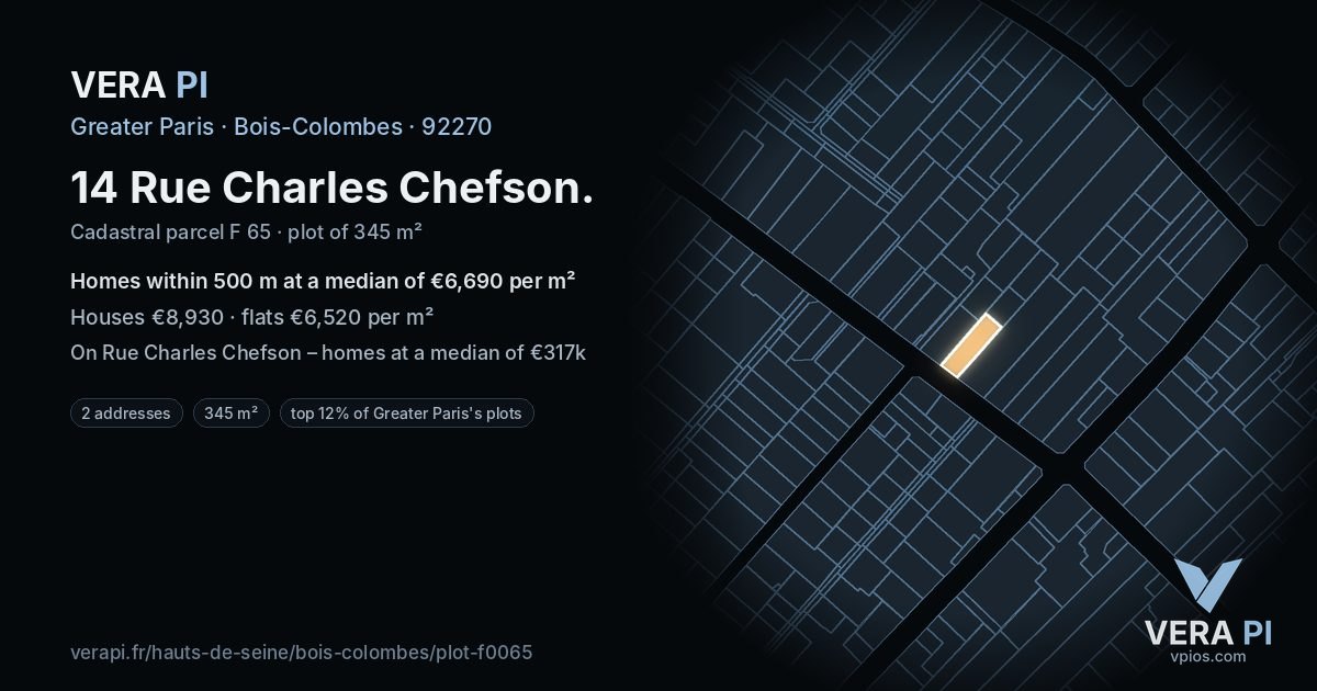 14 Rue Charles Chefson, Bois-Colombes at night – the plot lit, the parcels around coloured by the prices near them