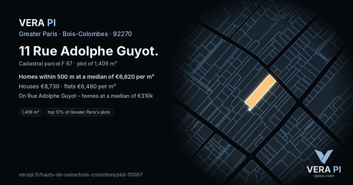 11 Rue Adolphe Guyot, Bois-Colombes at night – the plot lit, the parcels around coloured by the prices near them