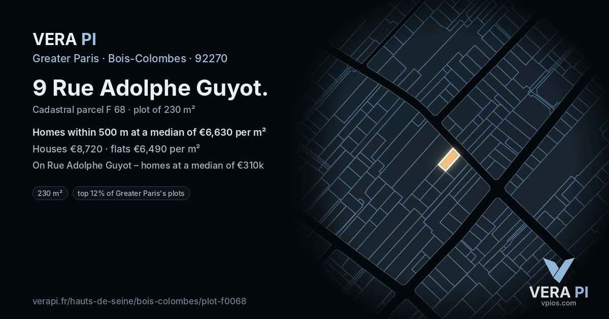 9 Rue Adolphe Guyot, Bois-Colombes at night – the plot lit, the parcels around coloured by the prices near them