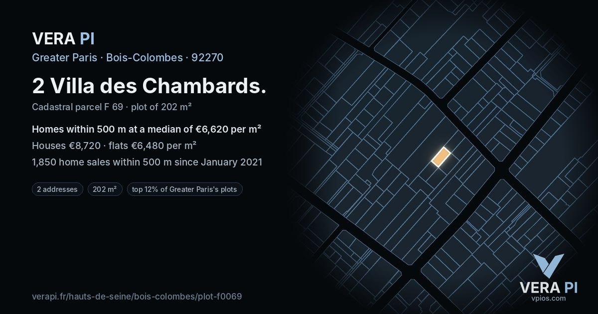 2 Villa des Chambards, Bois-Colombes at night – the plot lit, the parcels around coloured by the prices near them