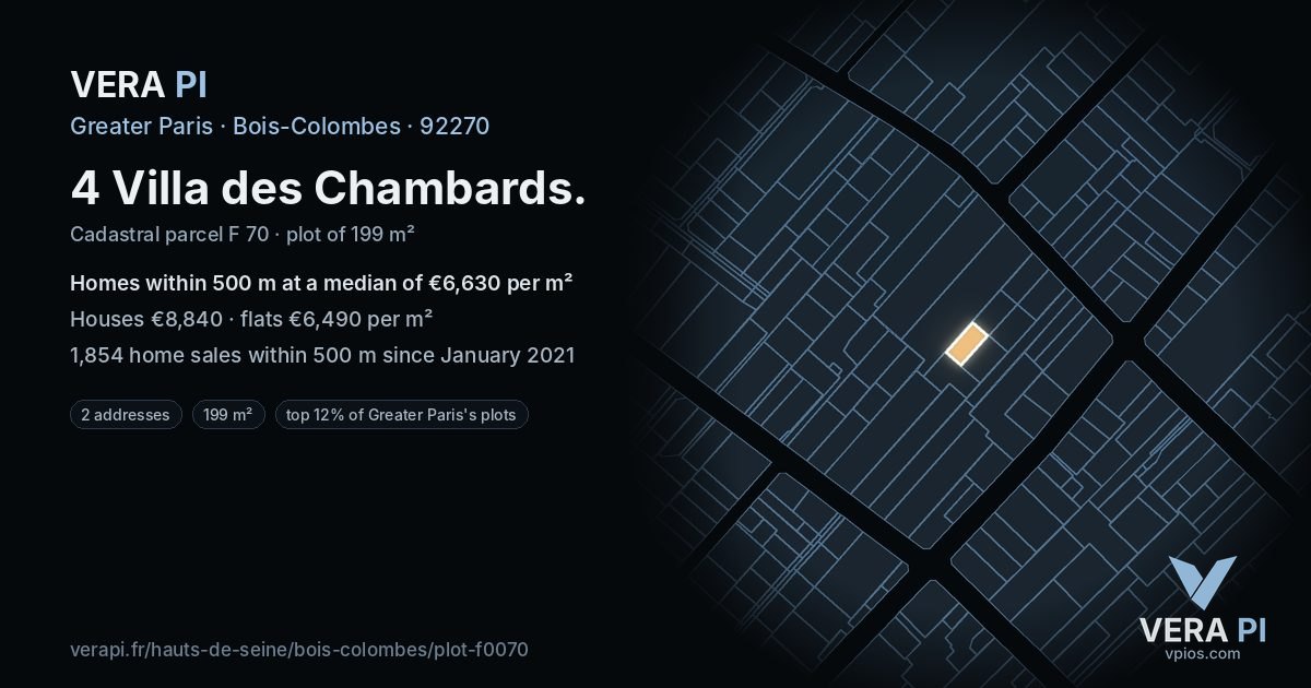 4 Villa des Chambards, Bois-Colombes at night – the plot lit, the parcels around coloured by the prices near them