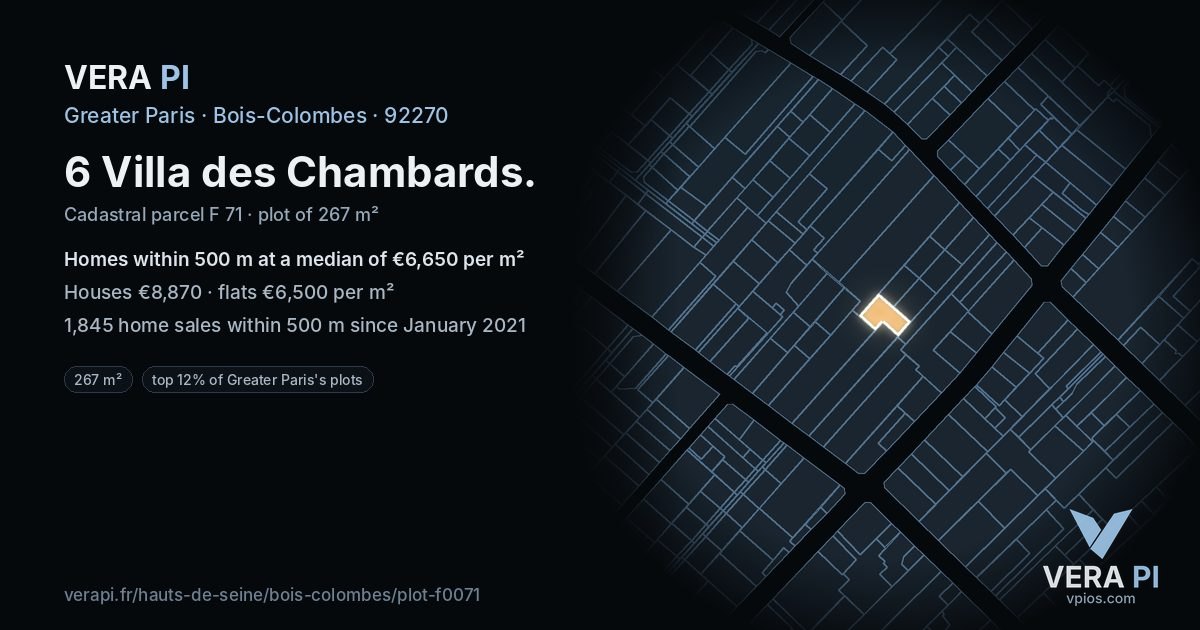 6 Villa des Chambards, Bois-Colombes at night – the plot lit, the parcels around coloured by the prices near them