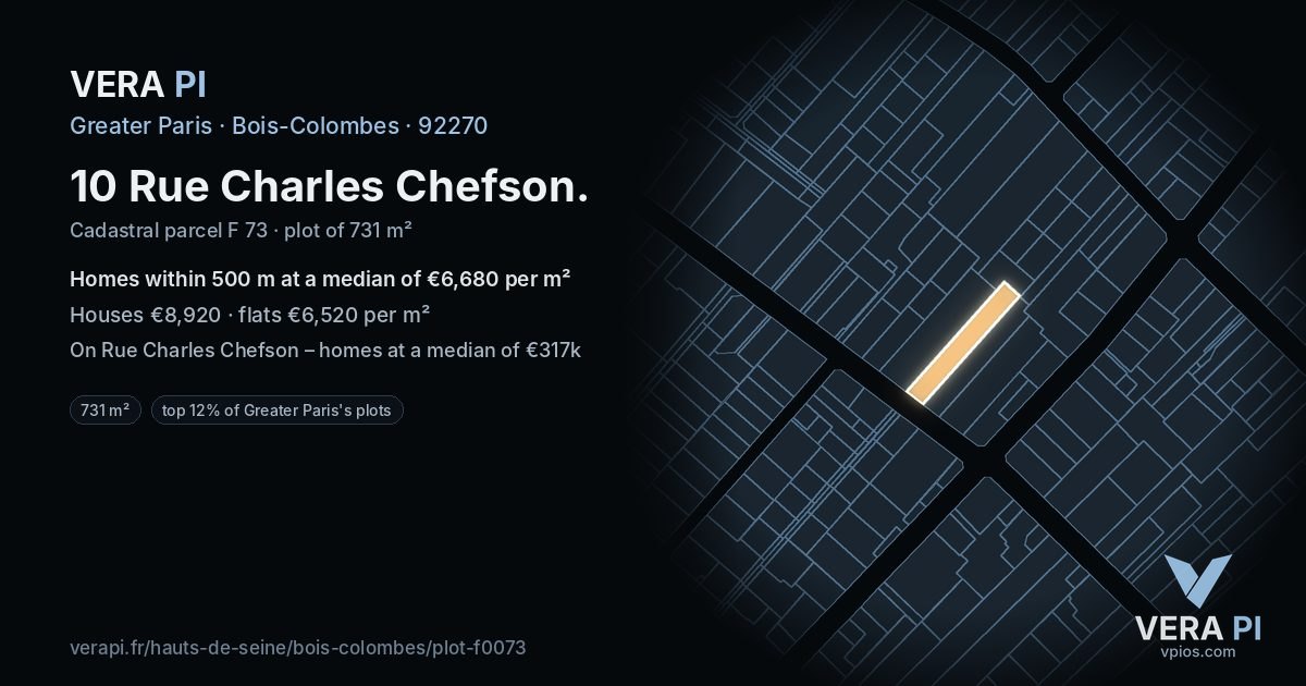 10 Rue Charles Chefson, Bois-Colombes at night – the plot lit, the parcels around coloured by the prices near them