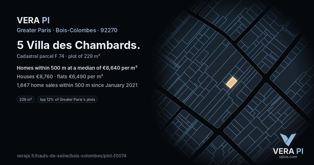 5 Villa des Chambards, Bois-Colombes at night – the plot lit, the parcels around coloured by the prices near them