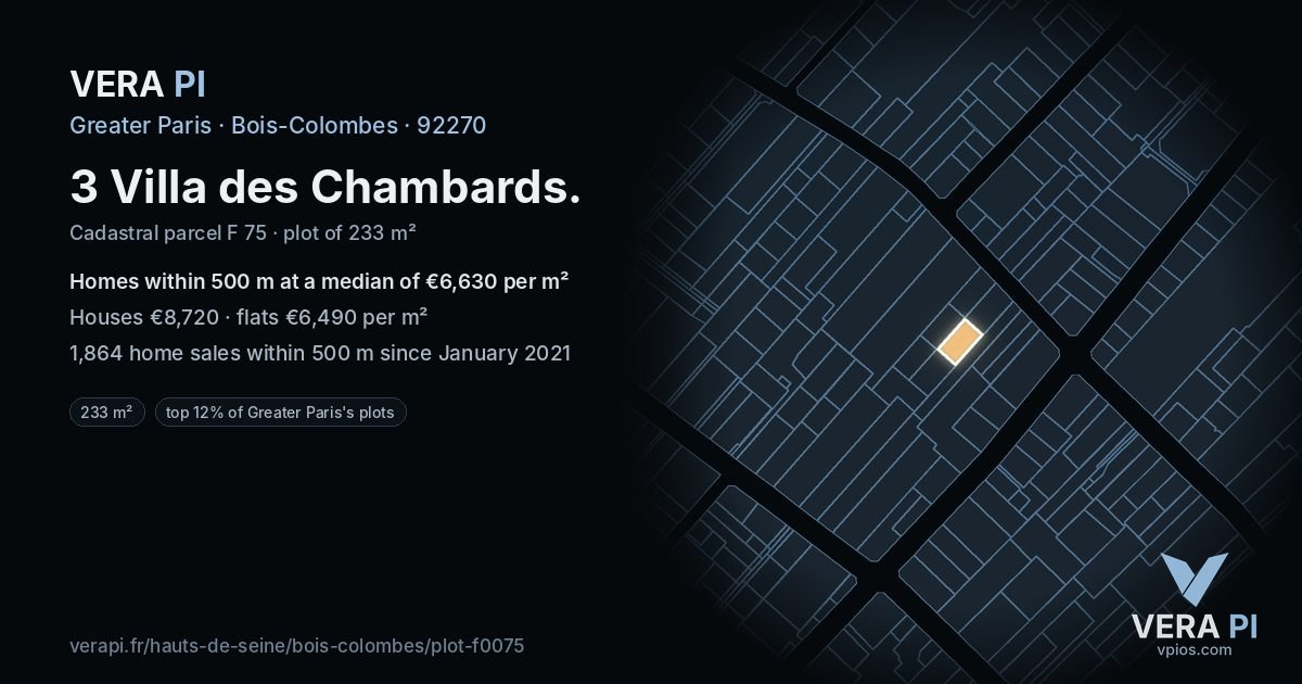 3 Villa des Chambards, Bois-Colombes at night – the plot lit, the parcels around coloured by the prices near them