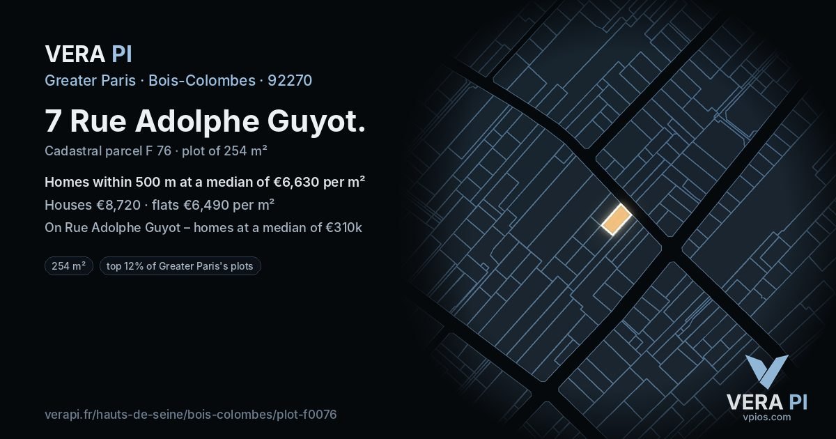 7 Rue Adolphe Guyot, Bois-Colombes at night – the plot lit, the parcels around coloured by the prices near them