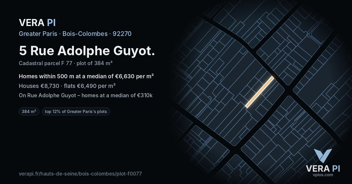 5 Rue Adolphe Guyot, Bois-Colombes at night – the plot lit, the parcels around coloured by the prices near them