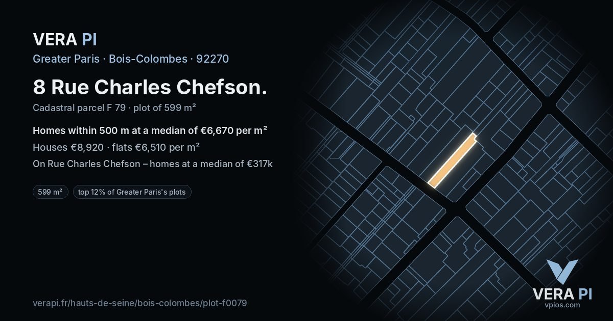 8 Rue Charles Chefson, Bois-Colombes at night – the plot lit, the parcels around coloured by the prices near them
