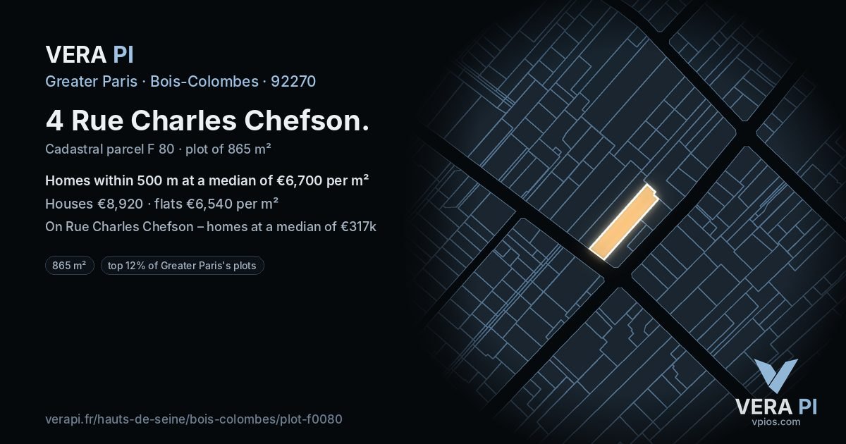 4 Rue Charles Chefson, Bois-Colombes at night – the plot lit, the parcels around coloured by the prices near them