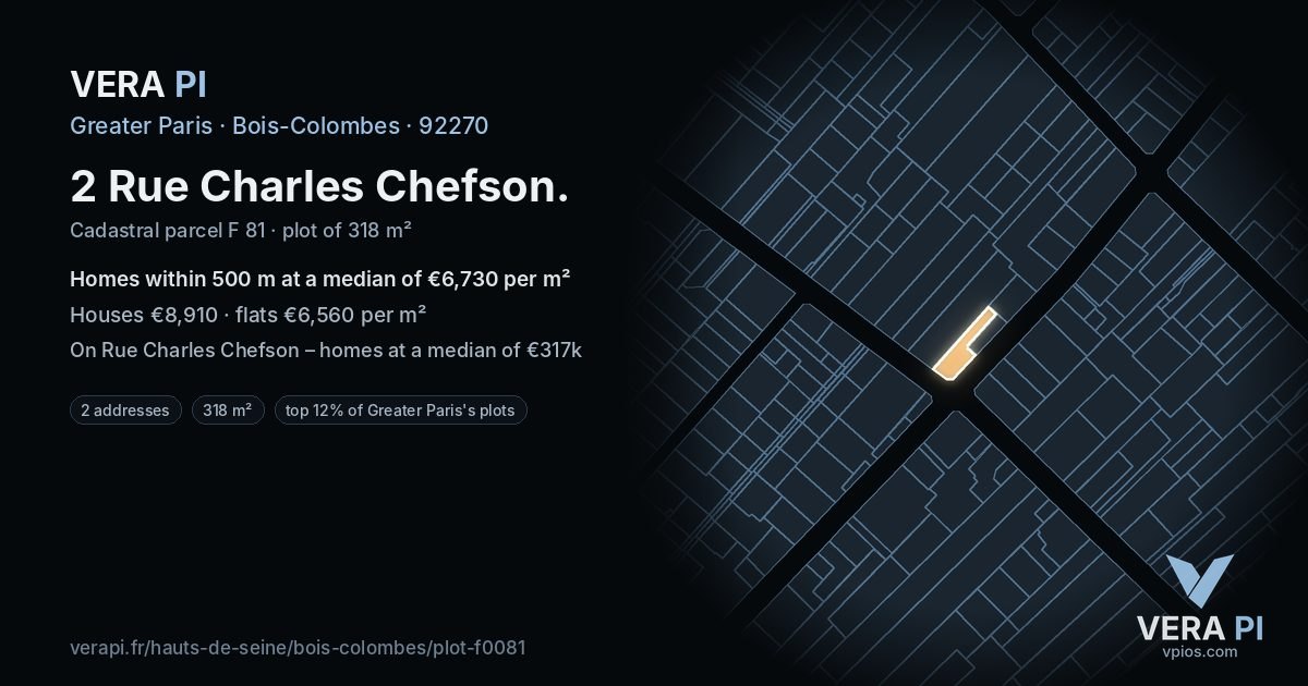2 Rue Charles Chefson, Bois-Colombes at night – the plot lit, the parcels around coloured by the prices near them