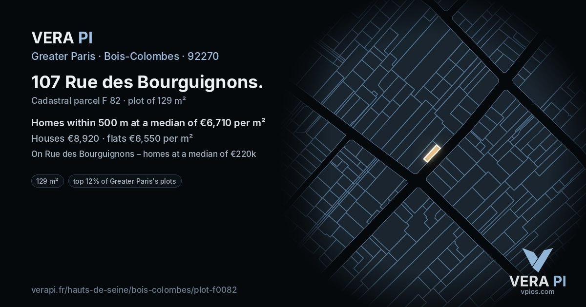 107 Rue des Bourguignons, Bois-Colombes at night – the plot lit, the parcels around coloured by the prices near them