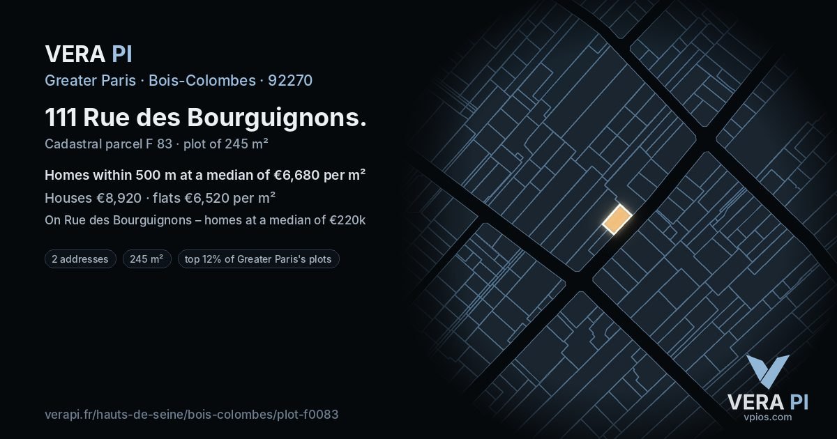 111 Rue des Bourguignons, Bois-Colombes at night – the plot lit, the parcels around coloured by the prices near them