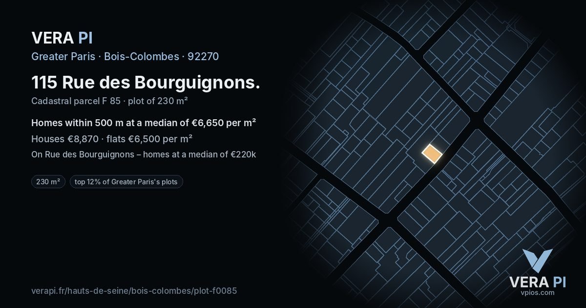 115 Rue des Bourguignons, Bois-Colombes at night – the plot lit, the parcels around coloured by the prices near them