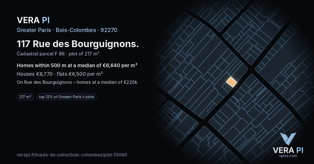 117 Rue des Bourguignons, Bois-Colombes at night – the plot lit, the parcels around coloured by the prices near them