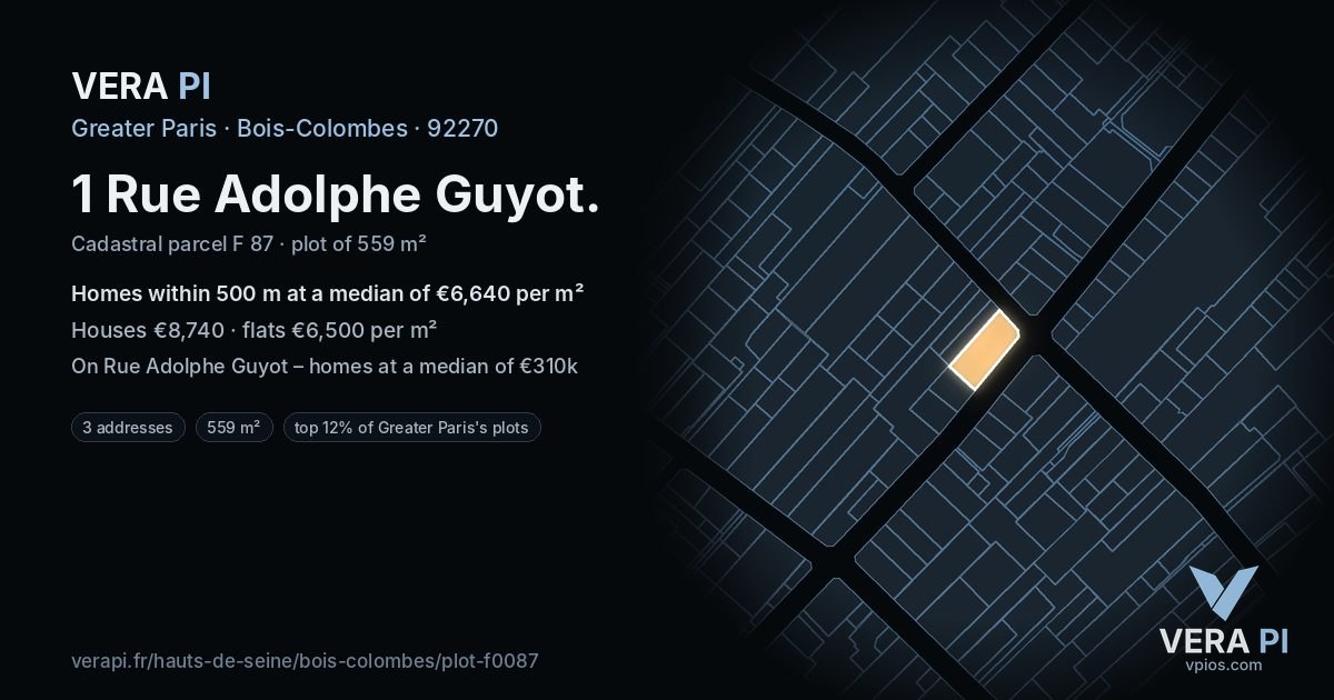 1 Rue Adolphe Guyot, Bois-Colombes at night – the plot lit, the parcels around coloured by the prices near them