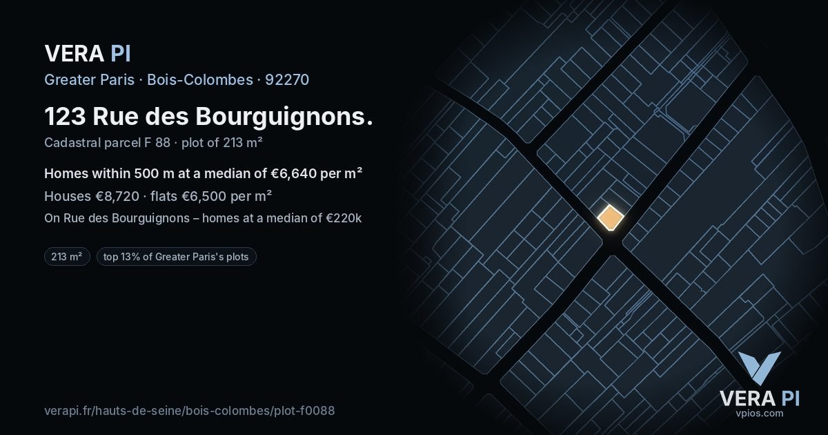 123 Rue des Bourguignons, Bois-Colombes at night – the plot lit, the parcels around coloured by the prices near them