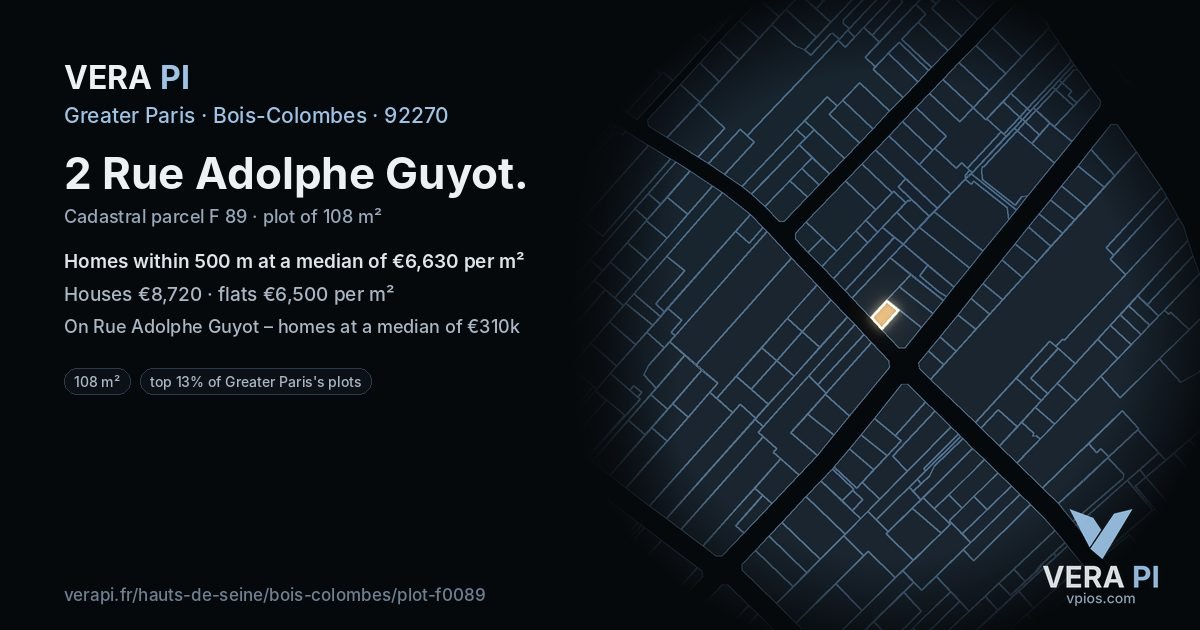2 Rue Adolphe Guyot, Bois-Colombes at night – the plot lit, the parcels around coloured by the prices near them