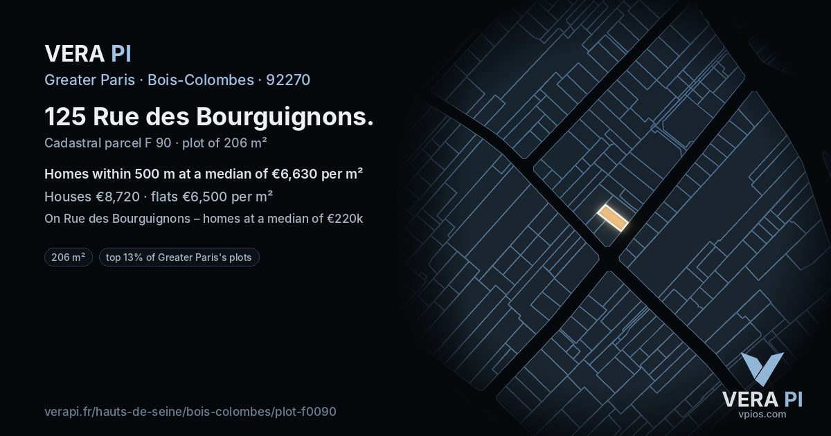 125 Rue des Bourguignons, Bois-Colombes at night – the plot lit, the parcels around coloured by the prices near them