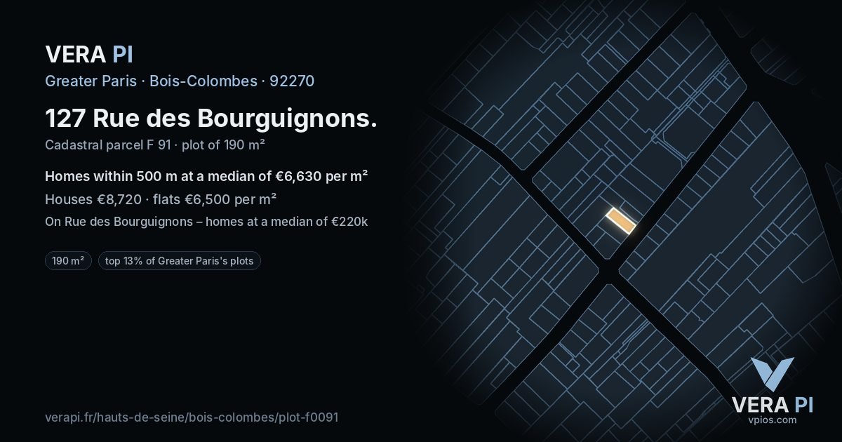 127 Rue des Bourguignons, Bois-Colombes at night – the plot lit, the parcels around coloured by the prices near them