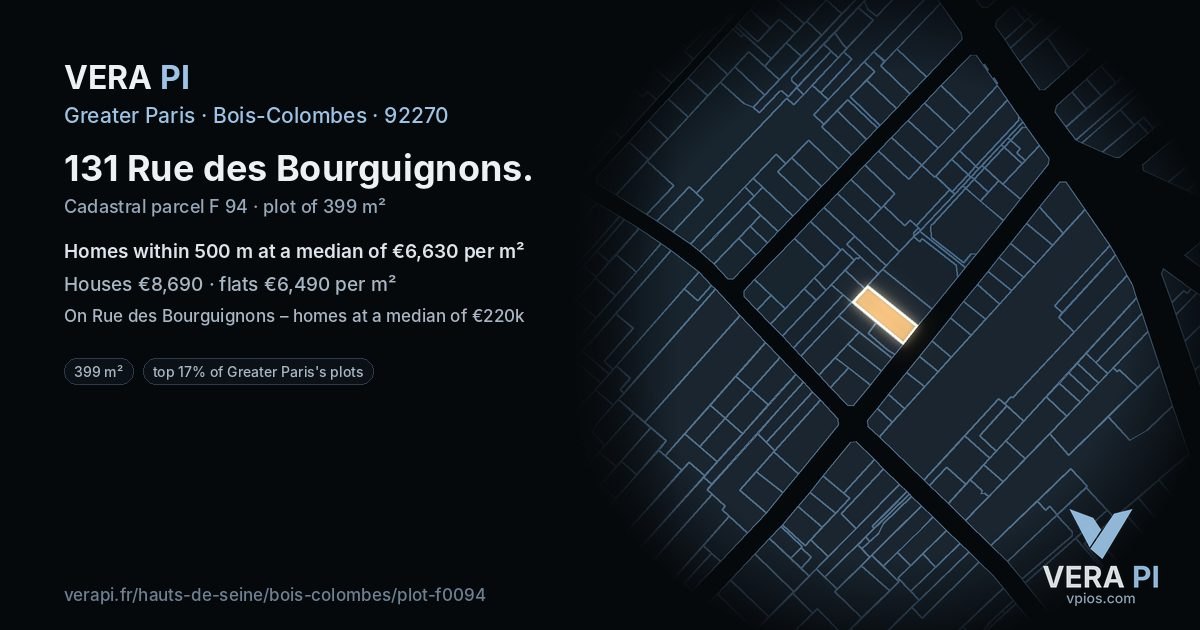 131 Rue des Bourguignons, Bois-Colombes at night – the plot lit, the parcels around coloured by the prices near them