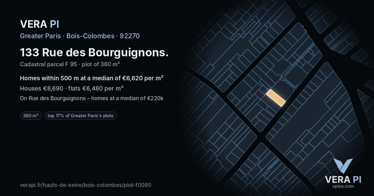 133 Rue des Bourguignons, Bois-Colombes at night – the plot lit, the parcels around coloured by the prices near them