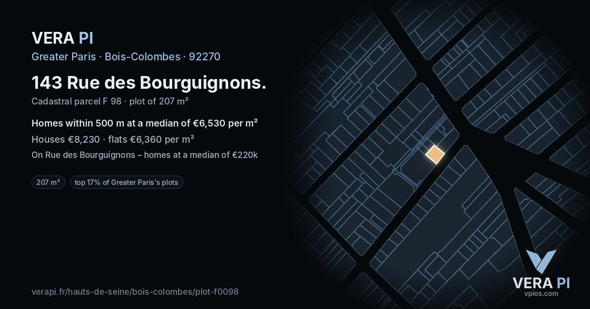 143 Rue des Bourguignons, Bois-Colombes at night – the plot lit, the parcels around coloured by the prices near them