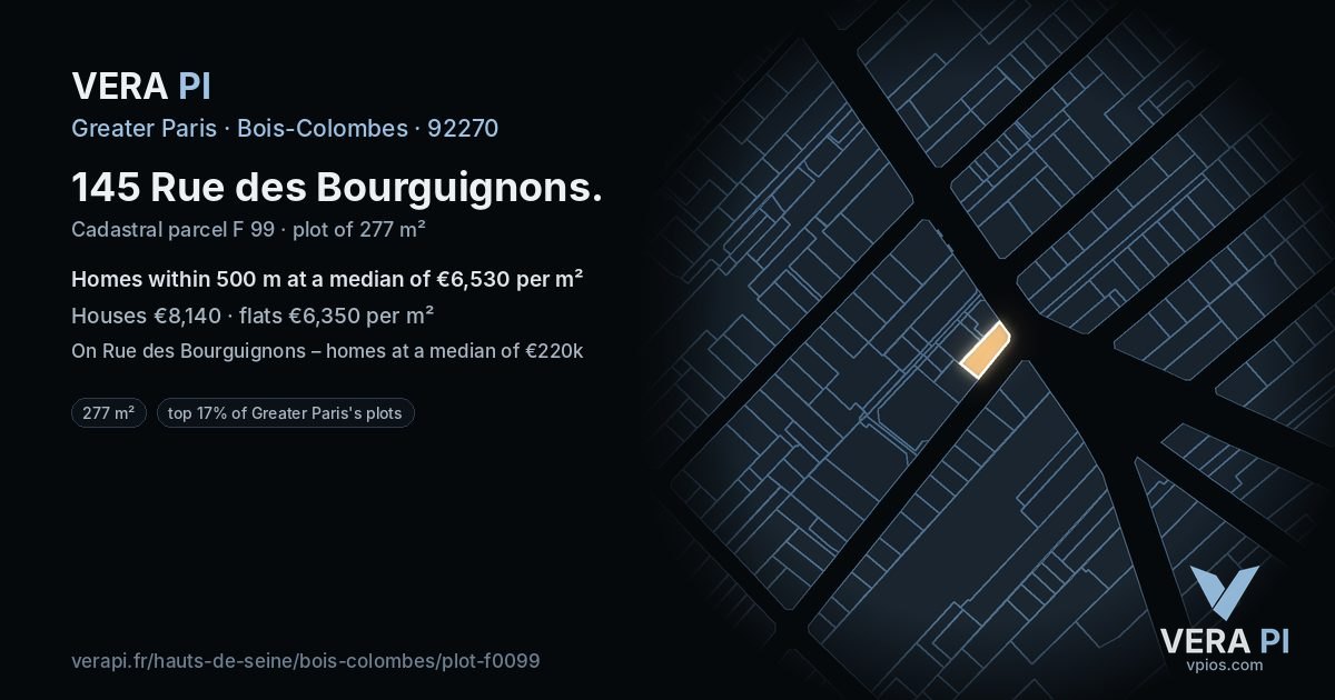 145 Rue des Bourguignons, Bois-Colombes at night – the plot lit, the parcels around coloured by the prices near them