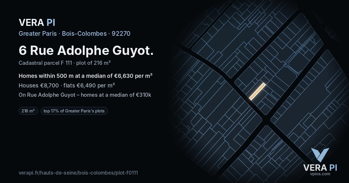 6 Rue Adolphe Guyot, Bois-Colombes at night – the plot lit, the parcels around coloured by the prices near them