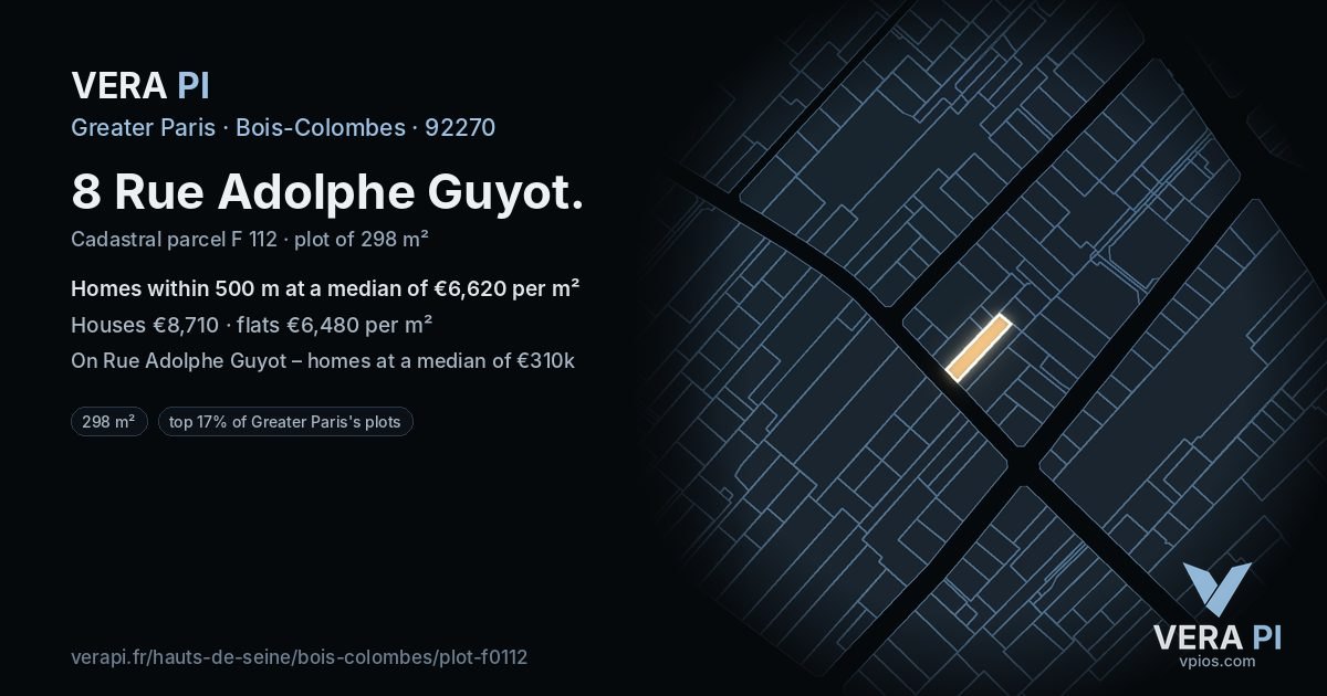8 Rue Adolphe Guyot, Bois-Colombes at night – the plot lit, the parcels around coloured by the prices near them
