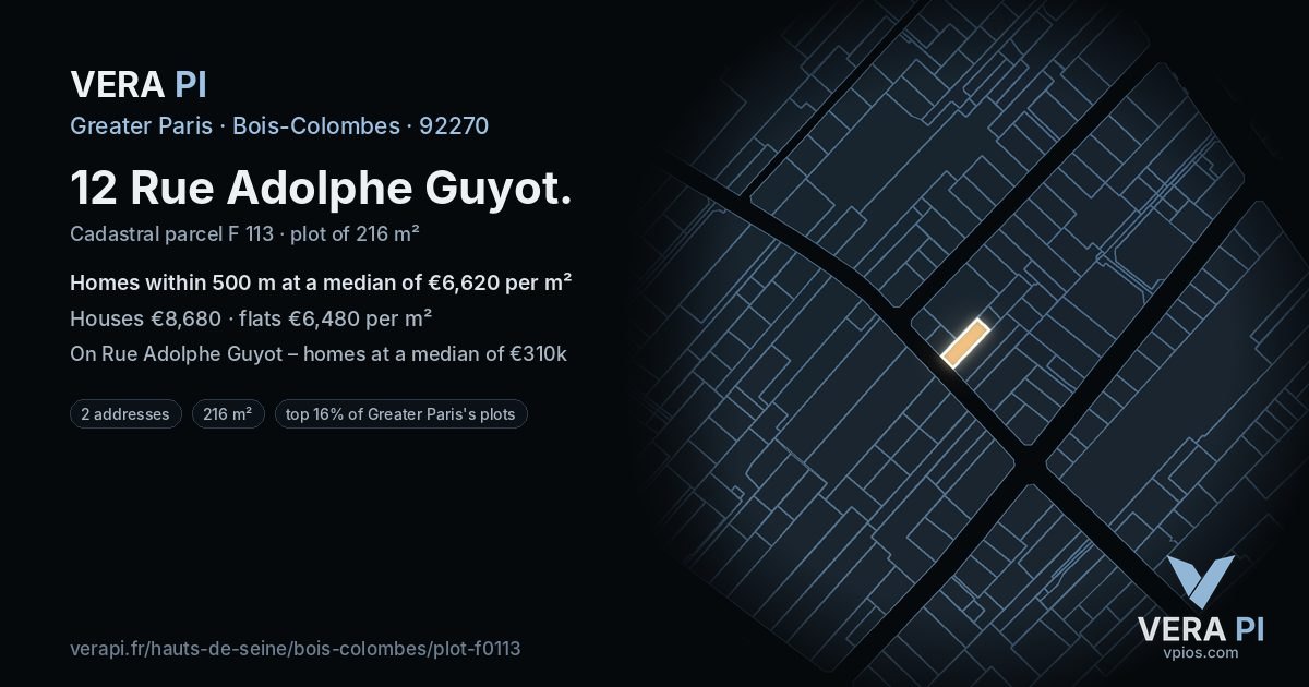 12 Rue Adolphe Guyot, Bois-Colombes at night – the plot lit, the parcels around coloured by the prices near them