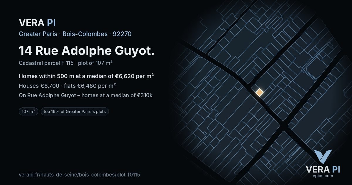 14 Rue Adolphe Guyot, Bois-Colombes at night – the plot lit, the parcels around coloured by the prices near them