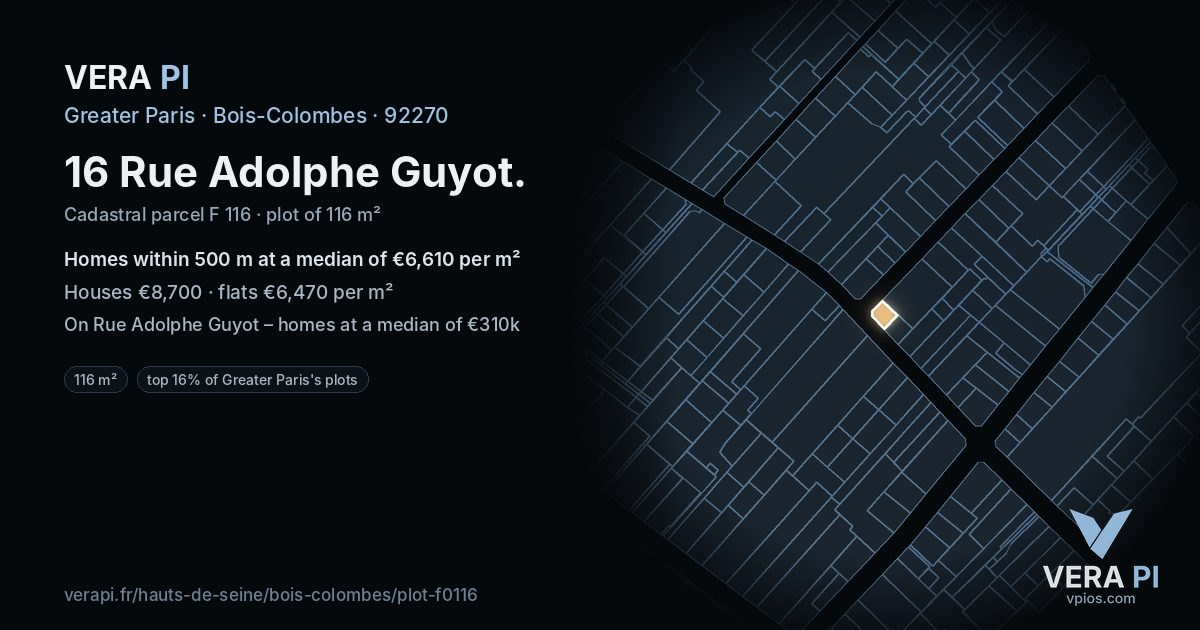 16 Rue Adolphe Guyot, Bois-Colombes at night – the plot lit, the parcels around coloured by the prices near them