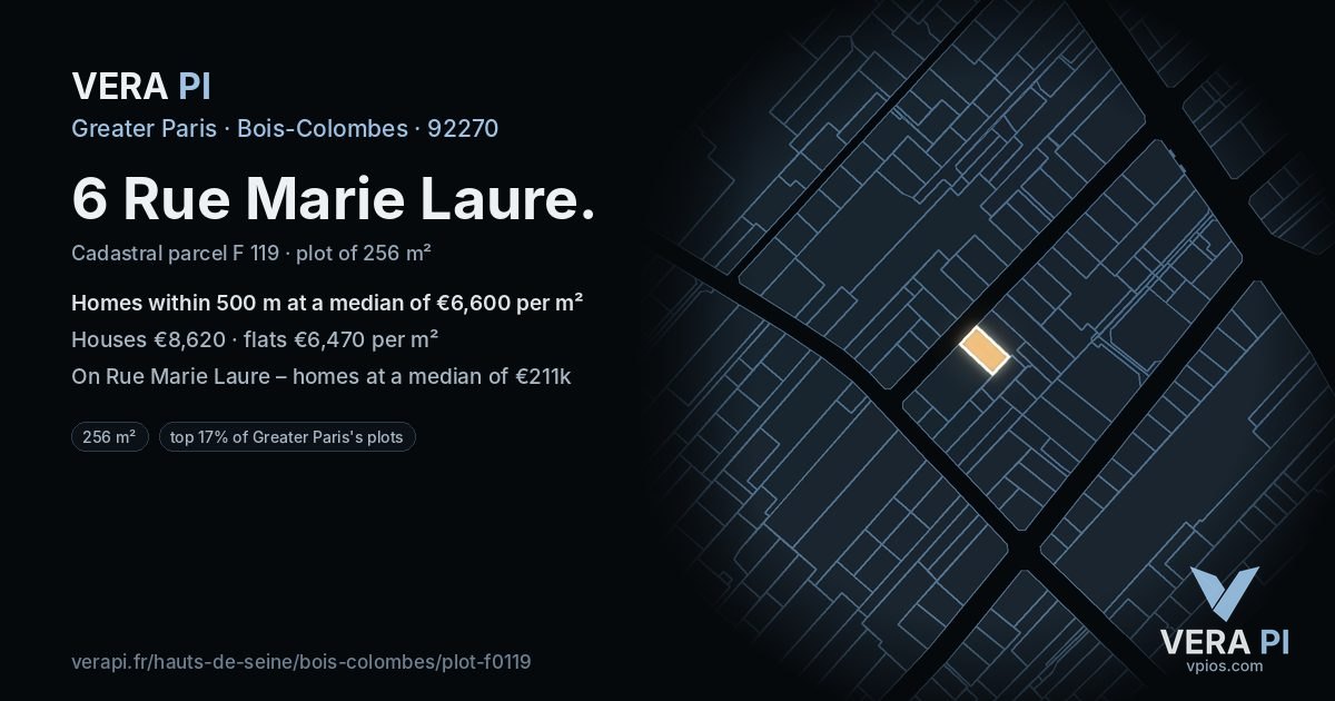6 Rue Marie Laure, Bois-Colombes at night – the plot lit, the parcels around coloured by the prices near them