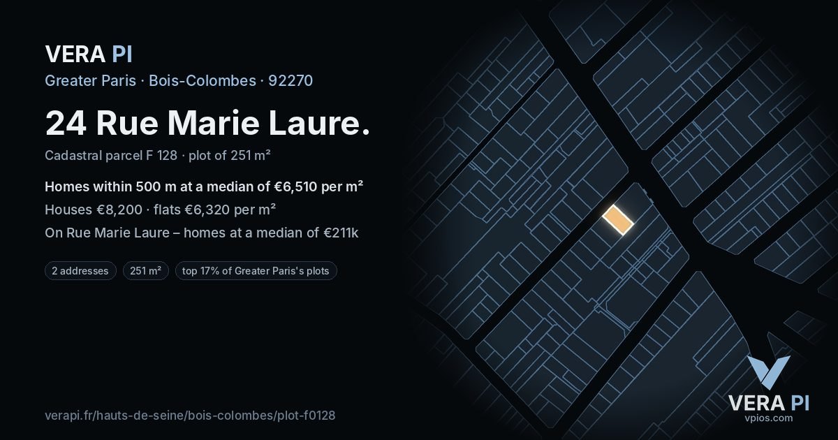 24 Rue Marie Laure, Bois-Colombes at night – the plot lit, the parcels around coloured by the prices near them