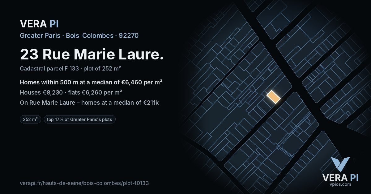 23 Rue Marie Laure, Bois-Colombes at night – the plot lit, the parcels around coloured by the prices near them
