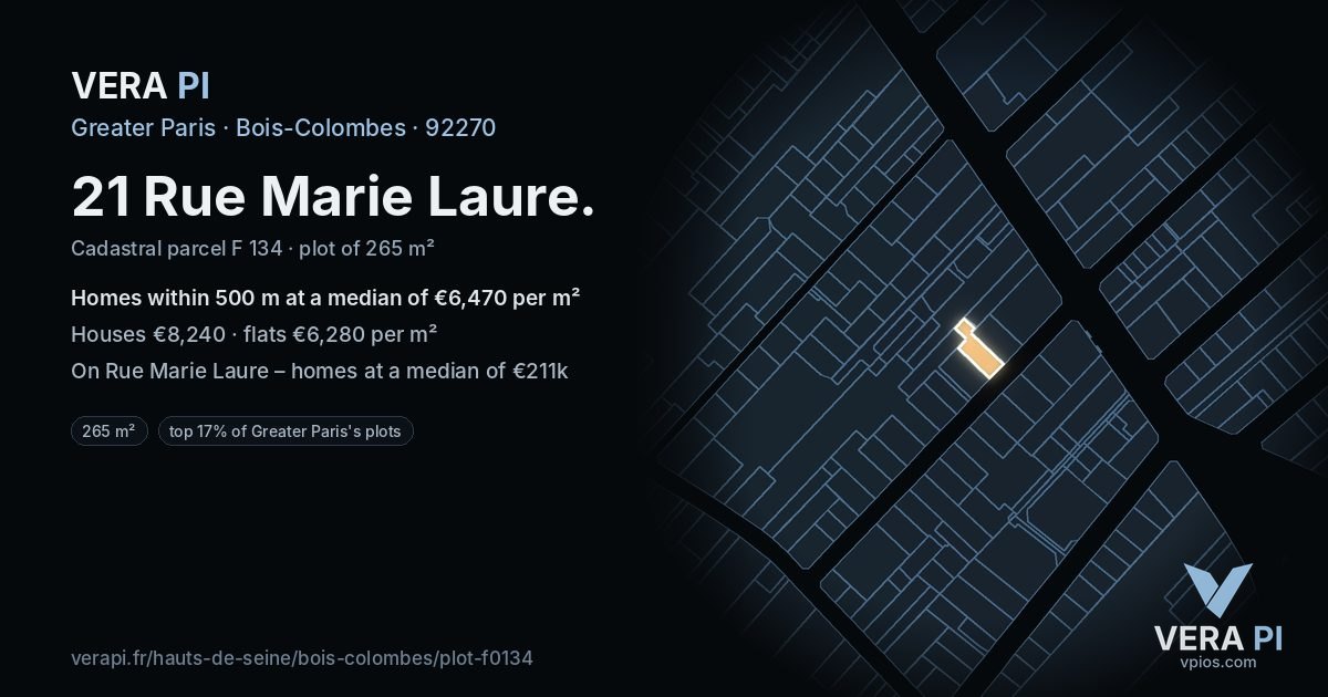 21 Rue Marie Laure, Bois-Colombes at night – the plot lit, the parcels around coloured by the prices near them