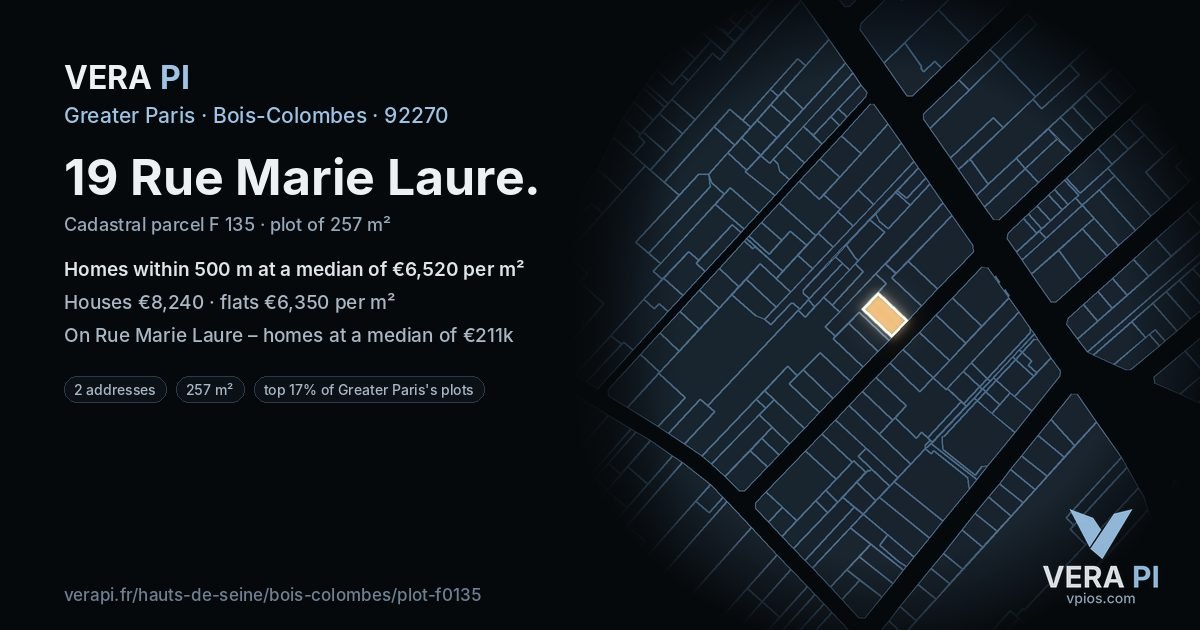 19 Rue Marie Laure, Bois-Colombes at night – the plot lit, the parcels around coloured by the prices near them
