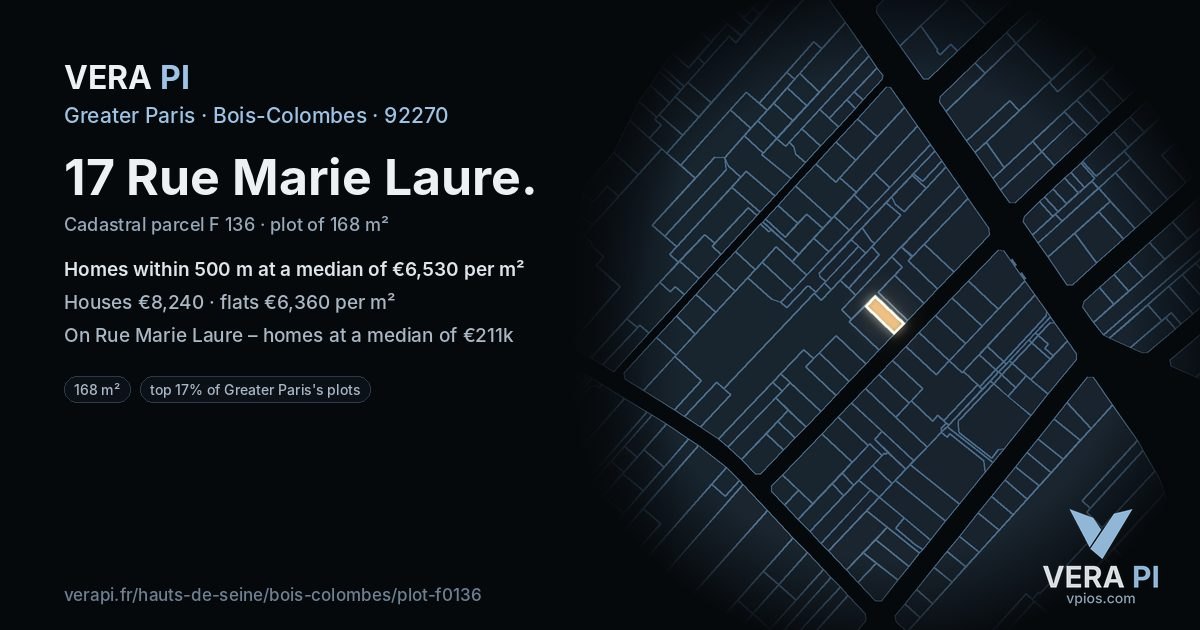 17 Rue Marie Laure, Bois-Colombes at night – the plot lit, the parcels around coloured by the prices near them