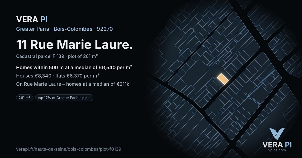 11 Rue Marie Laure, Bois-Colombes at night – the plot lit, the parcels around coloured by the prices near them