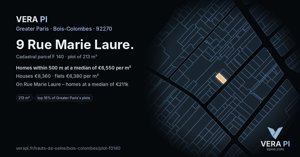 9 Rue Marie Laure, Bois-Colombes at night – the plot lit, the parcels around coloured by the prices near them