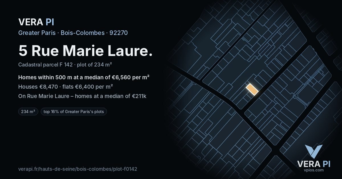 5 Rue Marie Laure, Bois-Colombes at night – the plot lit, the parcels around coloured by the prices near them