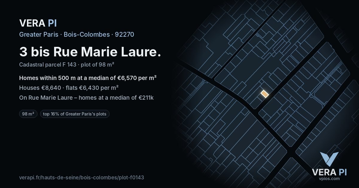 3 bis Rue Marie Laure, Bois-Colombes at night – the plot lit, the parcels around coloured by the prices near them