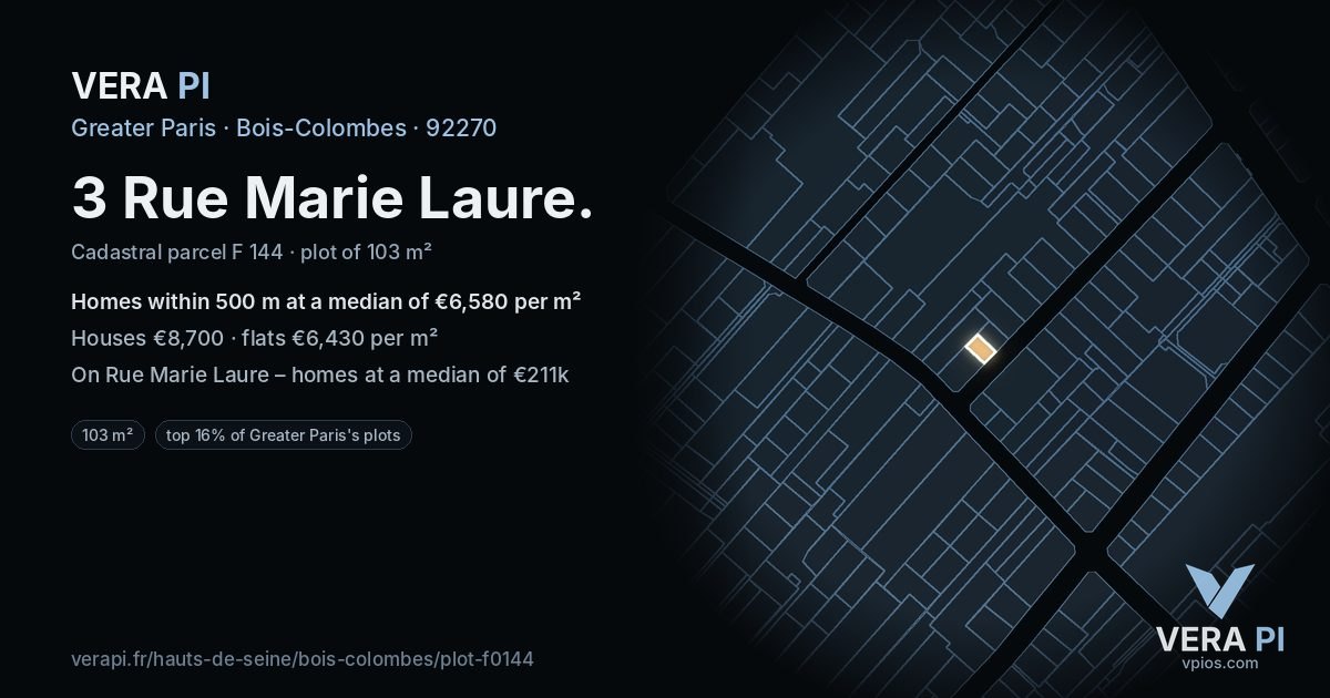 3 Rue Marie Laure, Bois-Colombes at night – the plot lit, the parcels around coloured by the prices near them